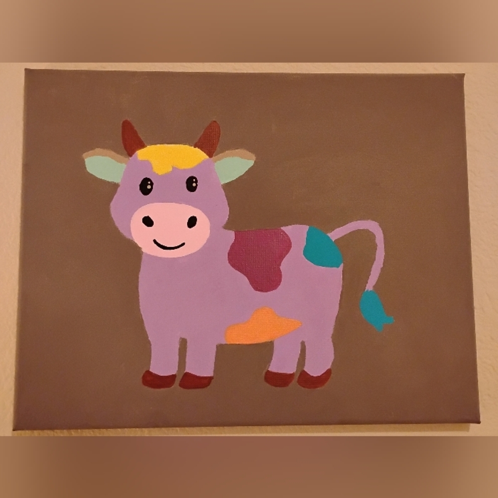 cow artwork size 14X11 Purple Yellow Pink Green Hand Painted